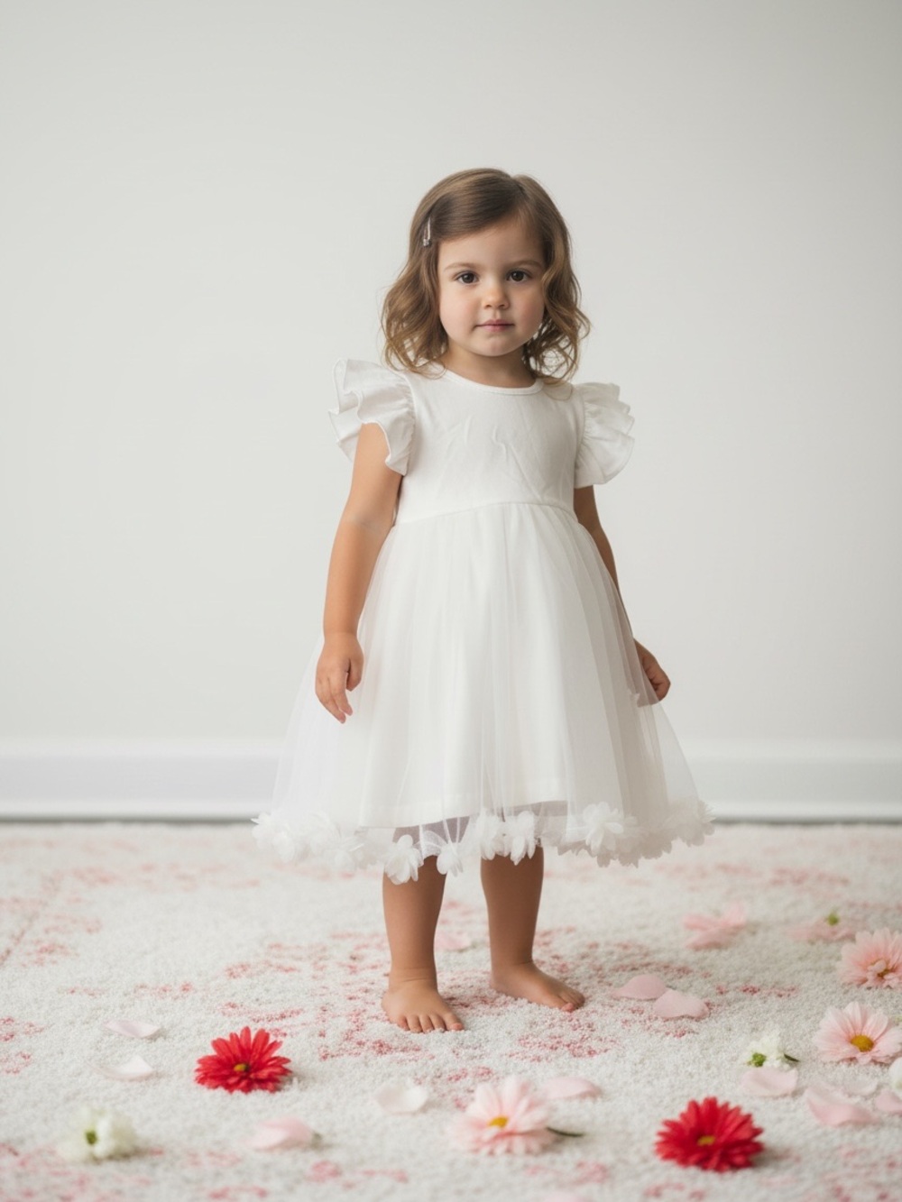 White Tulle Flower-Hem Girl's Dress